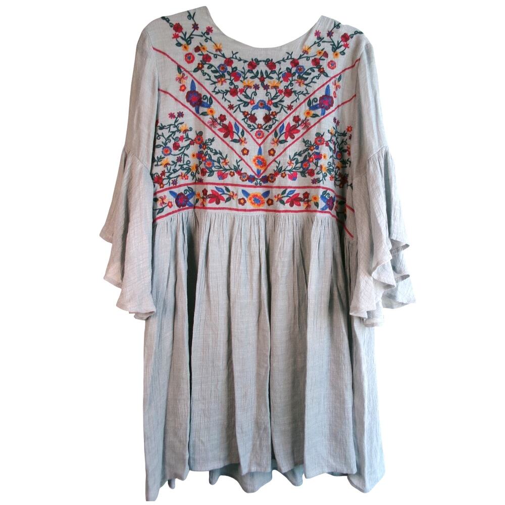Umgee USA Embroidered Boho Babydoll Dress Gray Floral XL Tunic